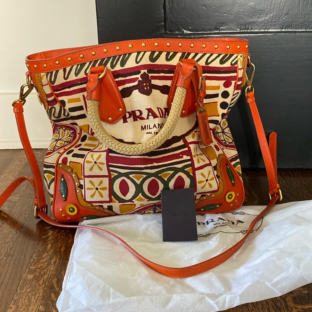 Authentic Rare Prada Canapé Stampata Large Tote Crossbody Canvas Hand Bag Papaya